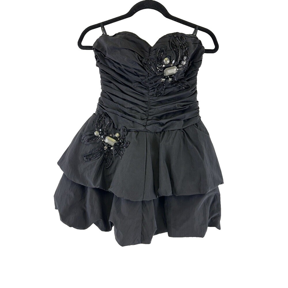 Bebe Vintage Dress Strapless Black Mini Beaded Floral Detail Puffy Ruched XS